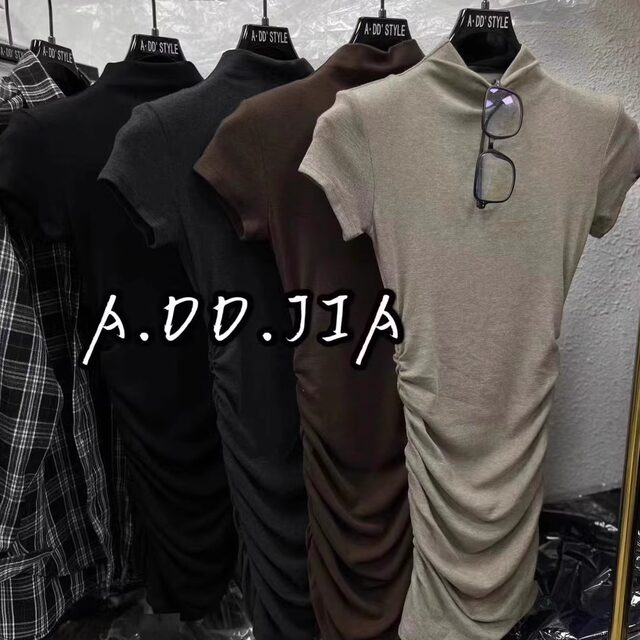ADD Korean version early autumn new pure slim half high neck pleated design short-sleeved dress hot girl short skirt women