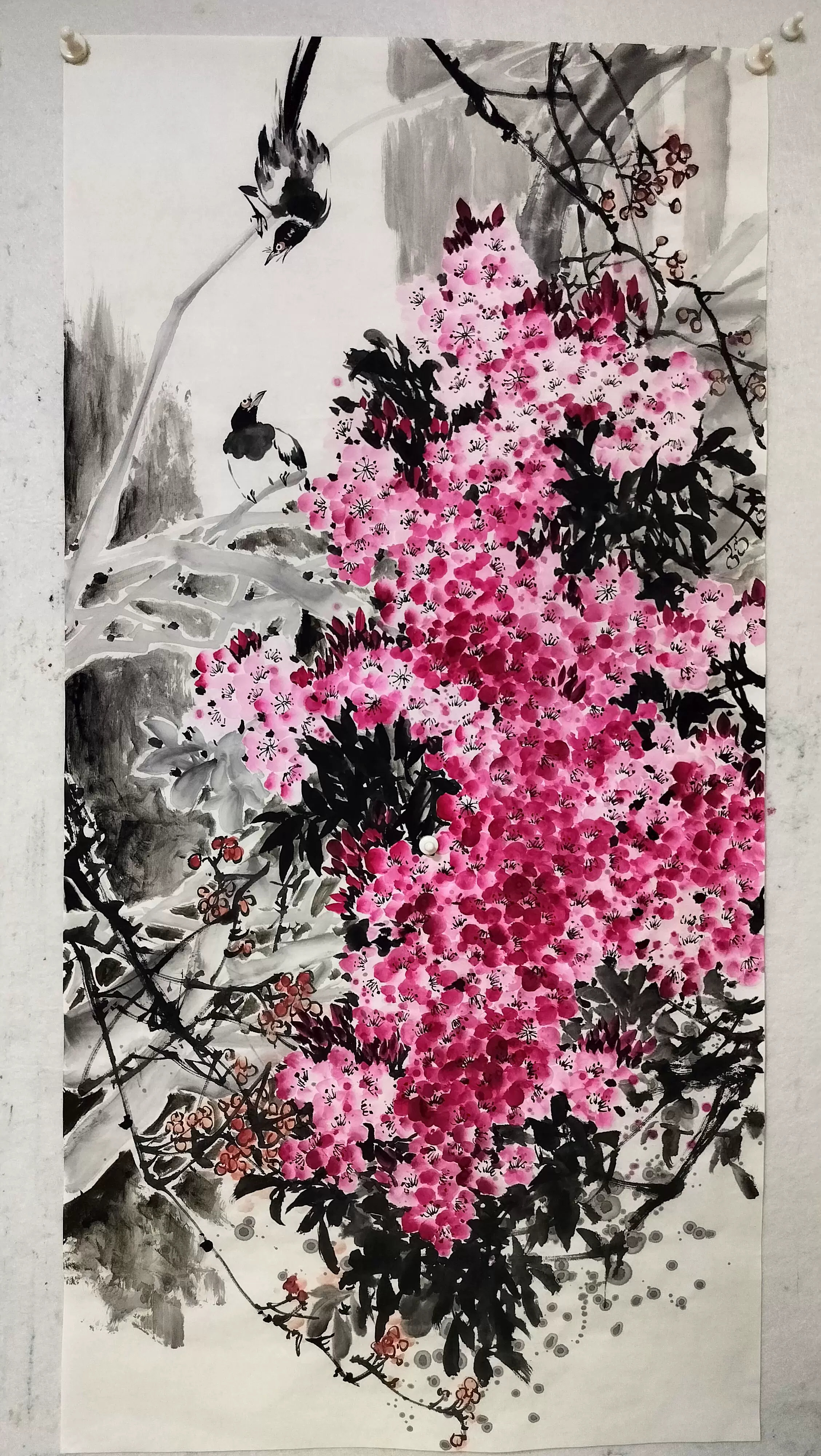 国画写意花鸟纯手绘水墨画宣纸桃花鳜鱼画芯无款无框四尺三开