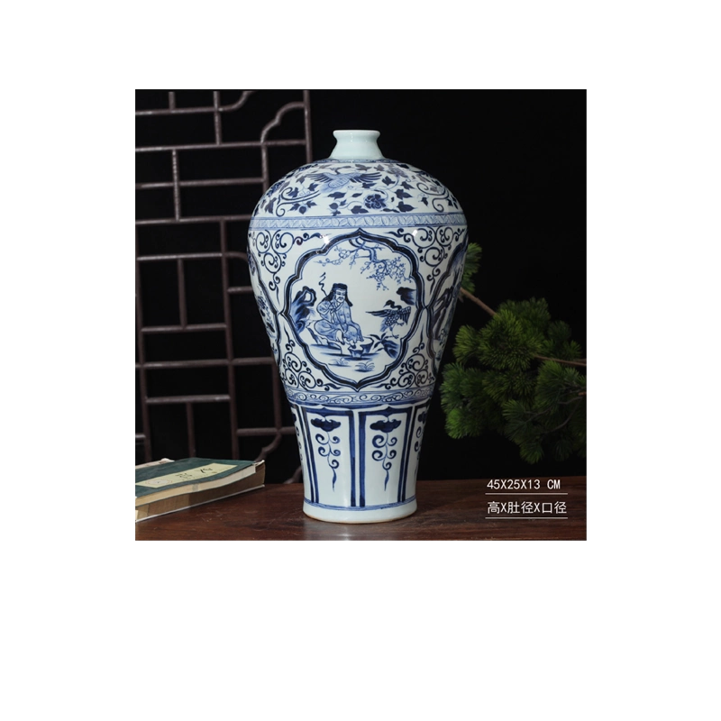 元代青花瓷器梅瓶萧何月下追韩信陶瓷华古风格博古架陈设陶瓷花瓶