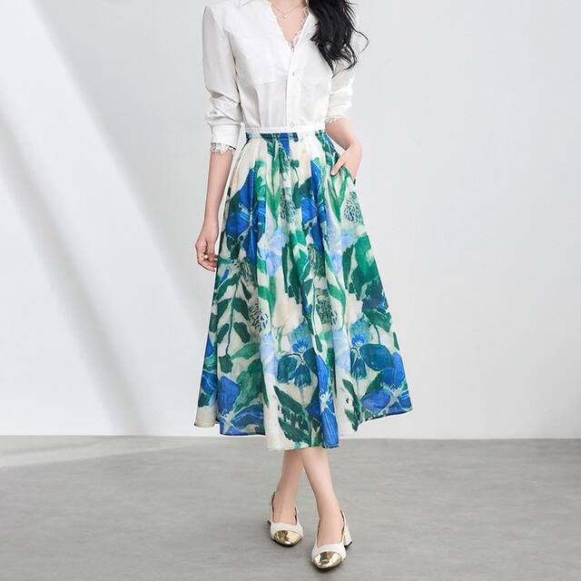 2506312-High-end French commuting printed tinsel-meat vacation style skirt with large swaying women's summer long skirt with southern oil