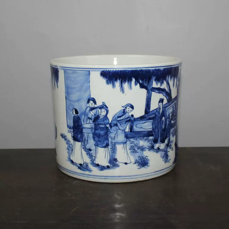 金文】中国骨董 明代 清初期 青花 人物 筆筒 中国骨董 古玩 時代 唐物