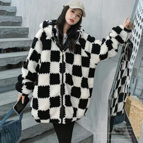 
26C12C1 New winter checkerboard lamb plush cotton coat couple style loose hooded thickened cotton coat