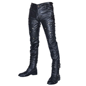 New stage performance youth trend men's leisure autumn winter men's tight zipper stitching leather pants