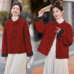 National style double-sided wool coat, new Chinese style plate buckle contrasting color wool coat, new temperament lady wool coat