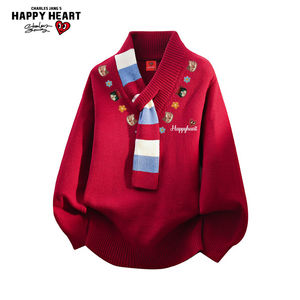 
Charles Heart Kitten Printed Scarf Collar Red Wool Clothes for Men and Women Winter New Loose Couple Sweater