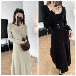 
Recommended for pear body, French square neck, autumn and winter high-waisted knitted dress, long-sleeved slimming A-line large hem sweater long skirt