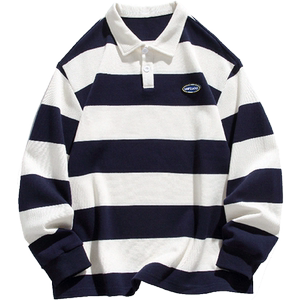 
Heavy 260g air layer POLO shirt men's long-sleeved lapel T-shirt trendy brand ins loose shoulder thick striped sweatshirt