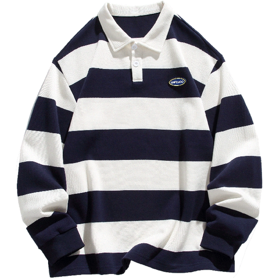 
Heavy 260g air layer POLO shirt men's long-sleeved lapel T-shirt trendy brand ins loose shoulder thick striped sweatshirt