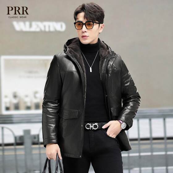 
Genuine leather jacket, goatskin jacket, mink coat, mink lining, mid-length hooded fur one-piece thick coat