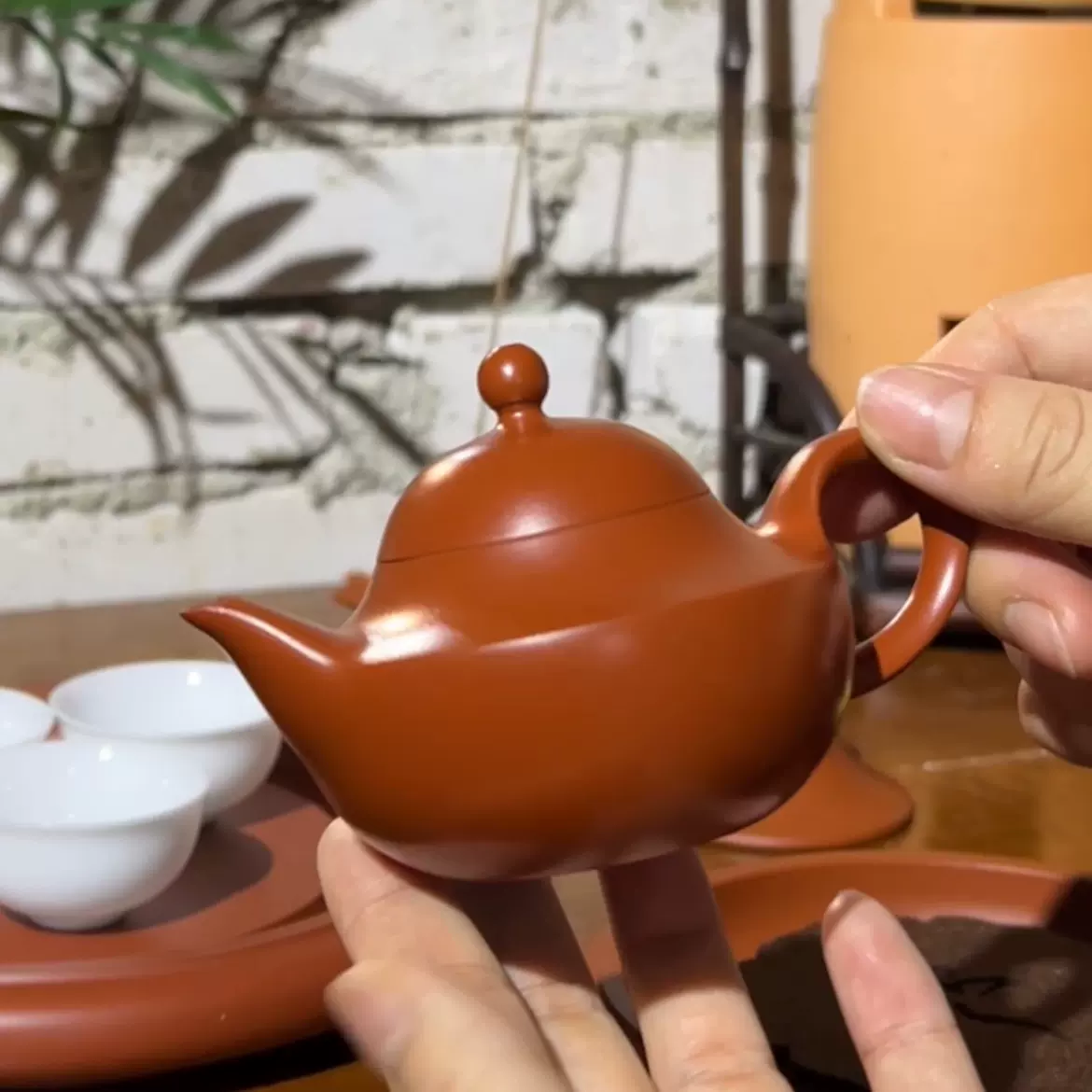 顧鵬程造 双龍如意紫砂壺 細工彫り『竹林漢詩文』 原鉱泥手造り急須 朱