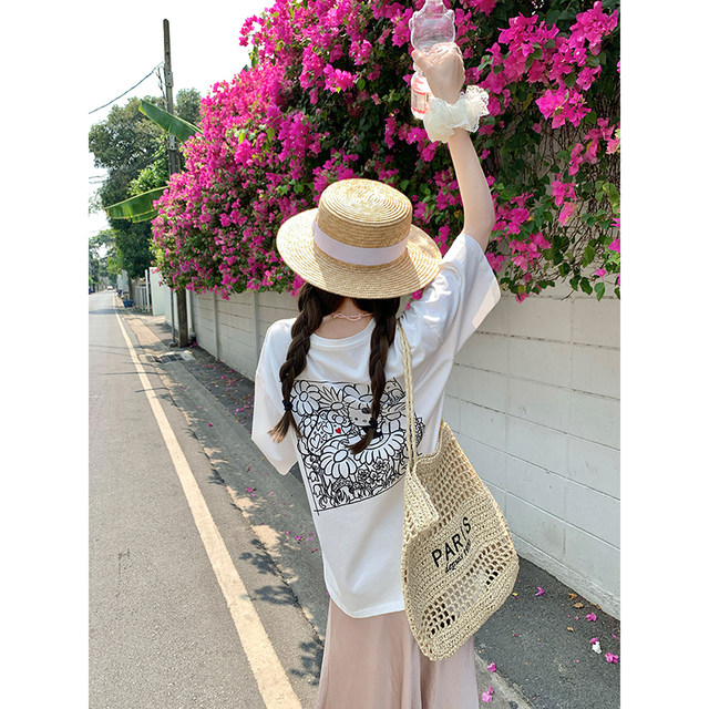 Ashy Snow kt head back printed embroidered loose short-sleeved T-shirt spring and summer white gray versatile lazy
