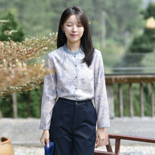 25CXA-094 Past and present life retro new Chinese style stand collar print contrast collar long sleeve shirt