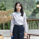 25CXA-094 Past and present life retro new Chinese style stand collar print contrast collar long sleeve shirt