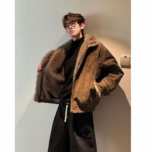 
HN trendy brand [Mountain Sculpture with full wool lining] Winter Maillard stand-up collar warm cotton coat for men plus velvet and thickened cotton coat