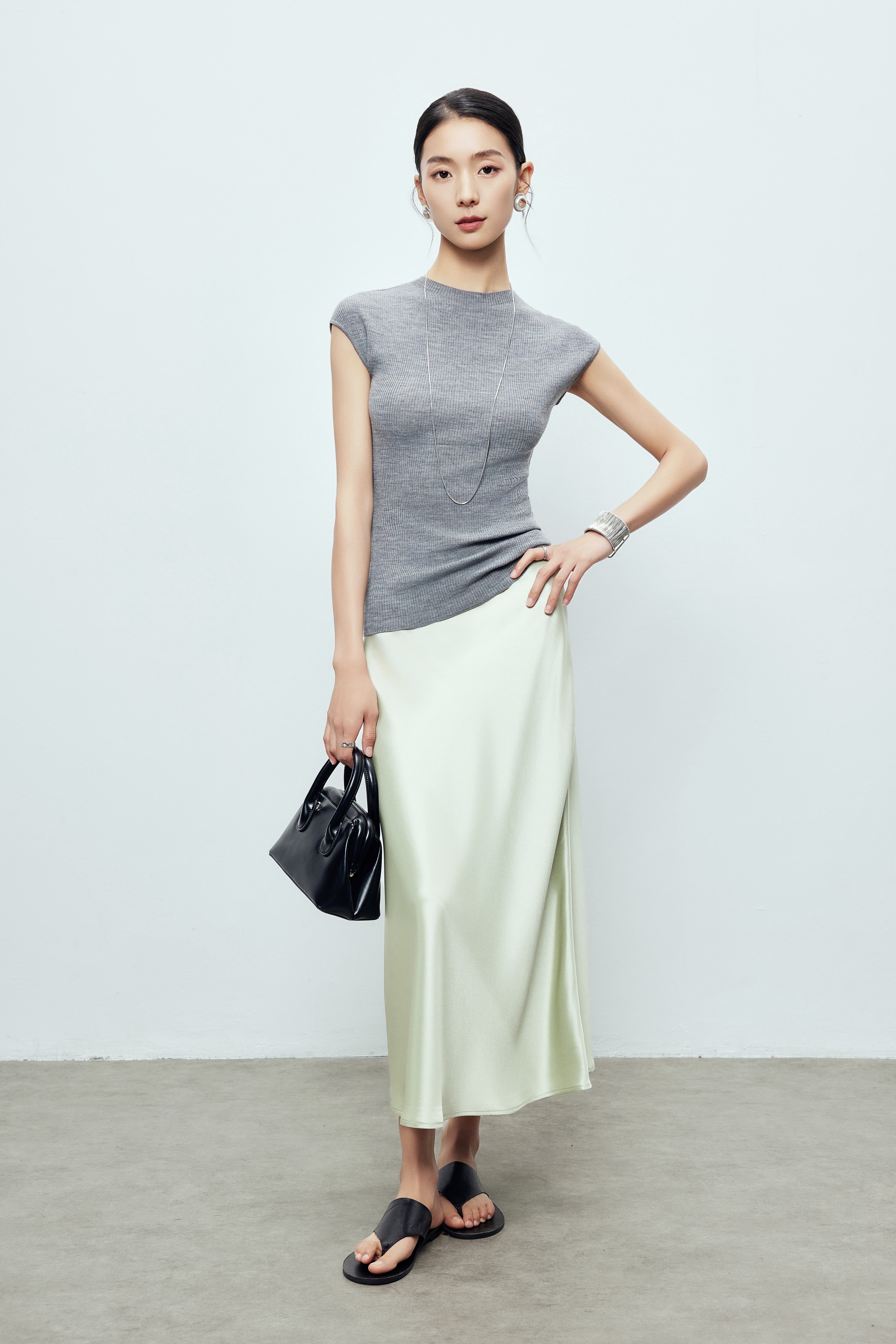スカート [RAW STUDIO] SATIN ANKLE-LENGTH SKIRT- RAW STUDIO - satin ankle-length skirt-NAVY