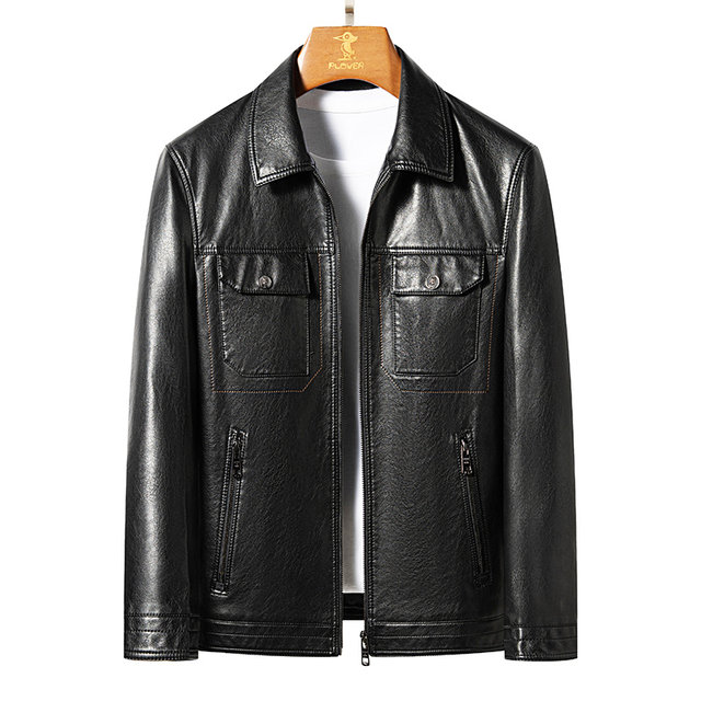 Genuine leather jacket men's coat black lapel casual sheepskin Haining ...