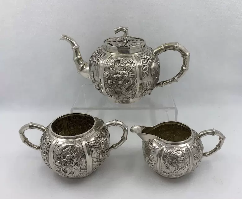 西洋古董银器[海外回流] 清末WH 纯银高浮雕花鸟龙纹茶具3件套-Taobao