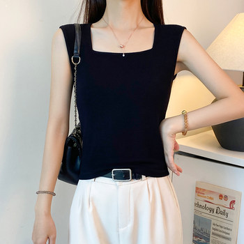 Threaded square collar wide shoulder suspender vest for women
