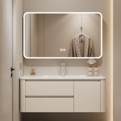 Rounded Solid Wood and Ceramic Integrated Cream-Colored Bathroom Cabinet with Smart Washbasin Combination for Washing and Grooming in the Bathroom