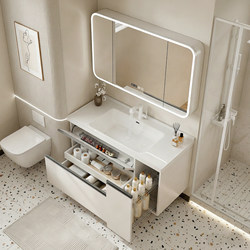 Bathroom Cabinet with Integrated Ceramic Basin, Japanese-Style Pull-Out Storage Cabinet, Washbasin Cabinet Combination