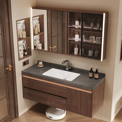 Medieval-Style Bathroom Cabinet with Integrated Ceramic Basin, Seamless Rock Slab Washbasin Cabinet Set, New Chinese-Style Washroom Furniture
