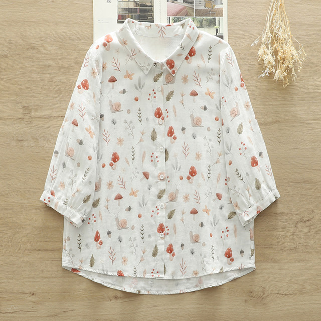 Literary and fresh double -layer gauze short -sleeved shirt Female summer large size cartoon print seven -point sleeve top new cotton
