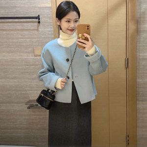 
Light and mature style woolen short coat for women in autumn and winter Korean style round neck small single breasted short woolen coat blue