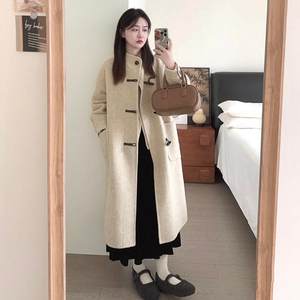 Korean stand-up collar horn button wool coat for women in winter new mid-length small loose student wool coat
