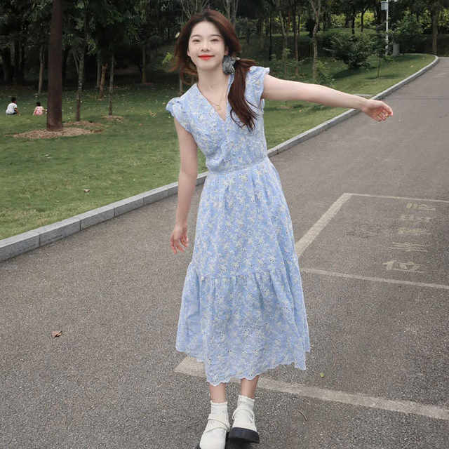 Platycodon French blue dress women's summer retro gentle waist mid ...