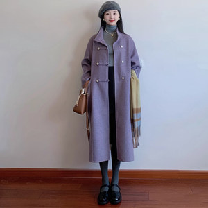 
Purple stand-collar woolen coat for women, mid-length, double-breasted, new Chinese style woolen coat, autumn and winter, high-end for small people