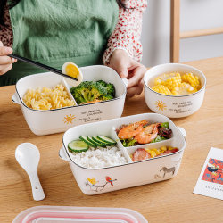 Ceramic Lunch Box with Compartments, Microwave-Safe, with Lid, Sealed, Rectangular, Adult-Sized, Three-Compartment, Multi-Compartment, Fresh-Keeping Box