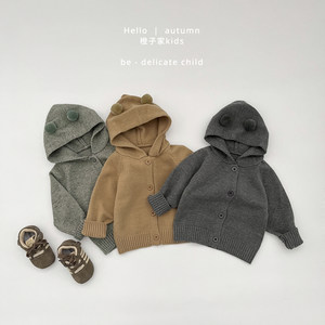 
Boys' spring and autumn style fashionable knitted cardigan for boys' Korean super cute sweater for babies simple and versatile hooded jacket