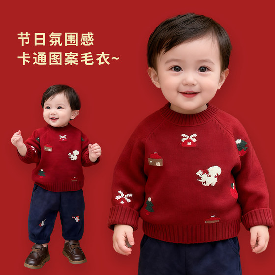 
Boys winter cartoon sweater suit for baby boy New Year thickened warm pullover sweater baby plus fleece pants