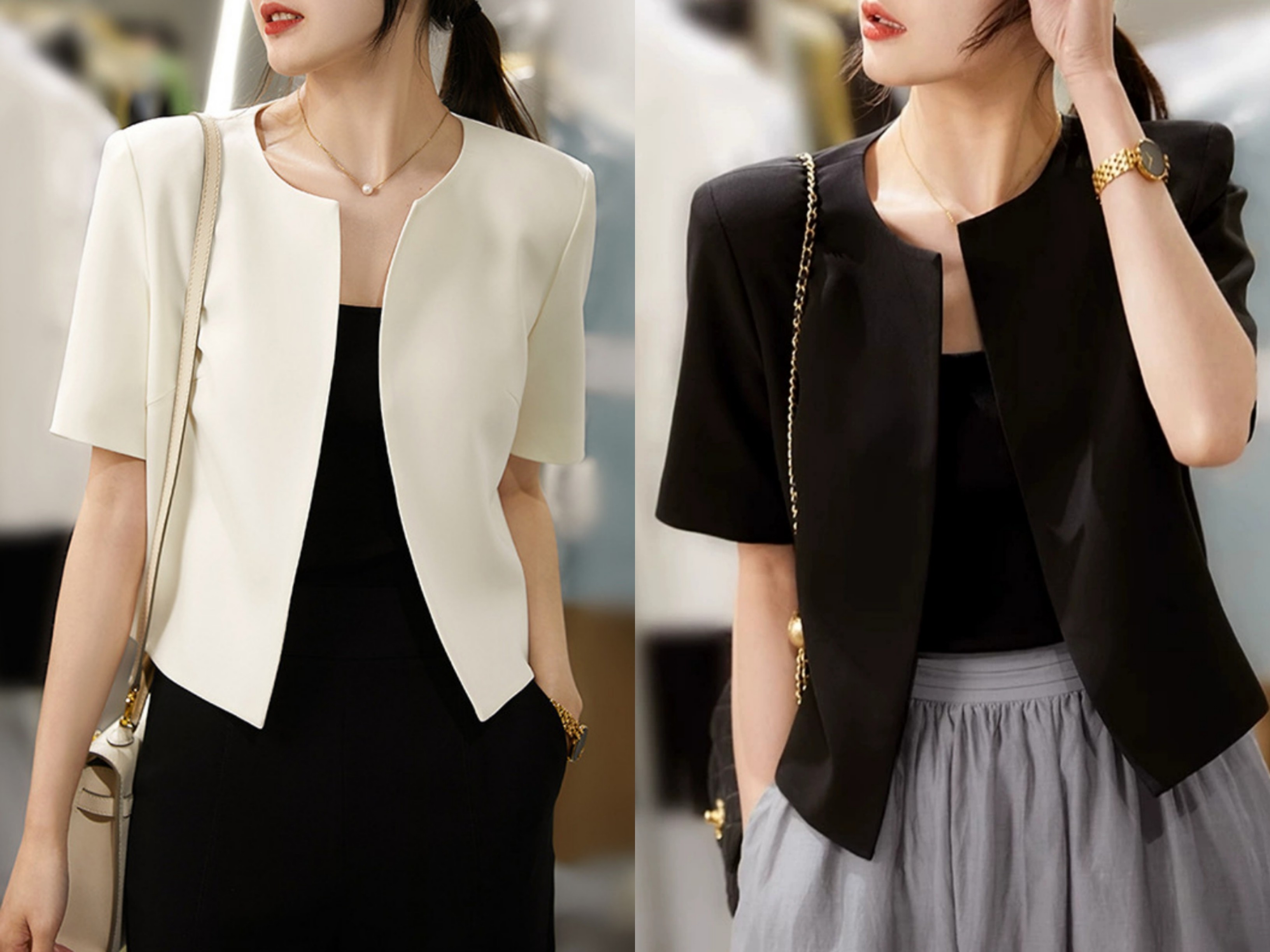 Designed buttonless round neck short-sleeved black coat for women ...