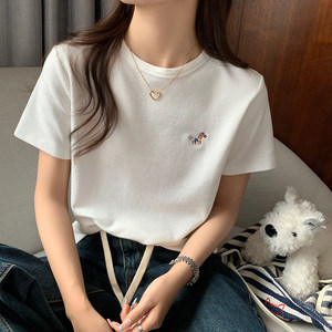 
Right shoulder white short-sleeved T-shirt women's spring and summer 2026 new loose and slim round neck embroidered niche top