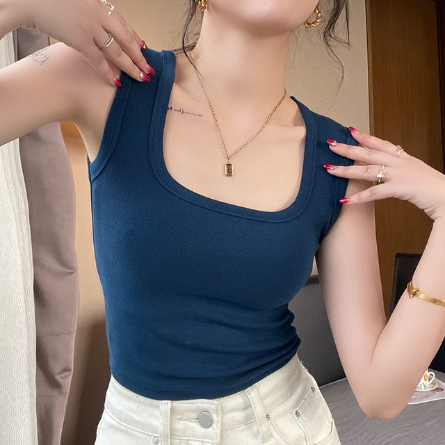 Women's 2025 new blue wide shoulder strap square collar suspender short square collar base slim fit inner top wear outside