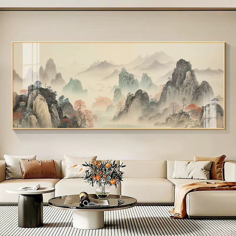 水墨山水画办公室西墙客厅挂画新中式沙发背景墙壁画靠山图