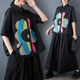Spring and summer new loose, large size stitching casual, simple commute sweet short -sleeved shirt shirt, print black
