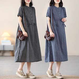 
Discount summer new striped dress retro literary casual and versatile loose slim mid-length skirt over the knee