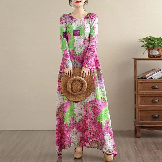 
Early autumn new style of floral and vacation style travel round neck retro long skirt covering meat cotton linen dress high waist long skirt