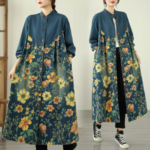
Good-looking round neck patchwork printed denim long over-the-knee jacket loose casual large version mid-length windbreaker jacket