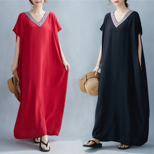 
Literary loose solid color robe discount summer new cotton silk v-neck fat mm dress clean color over-knee long skirt