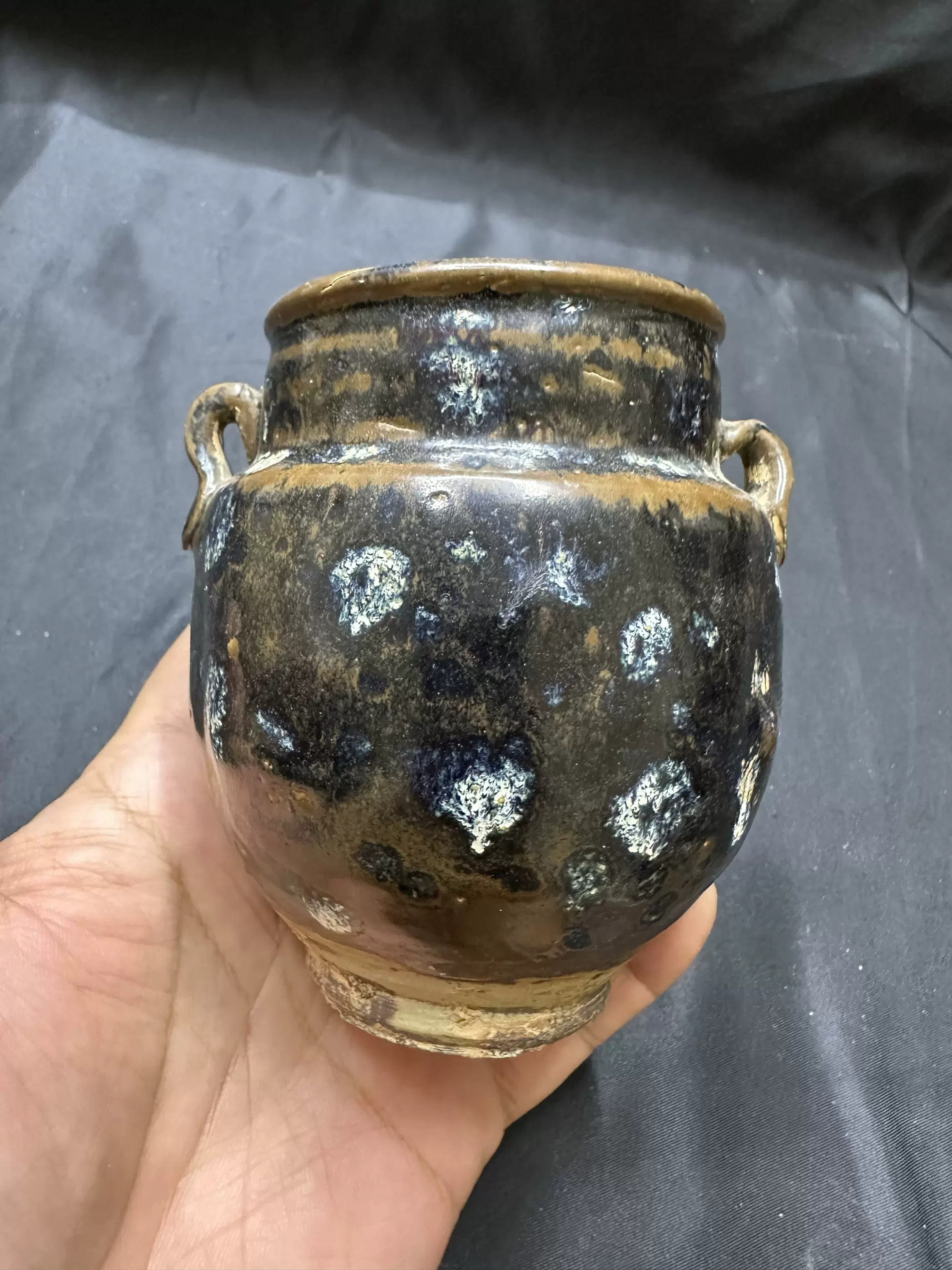 宋代吉州窑黑釉窑变斑盖罐古瓷器