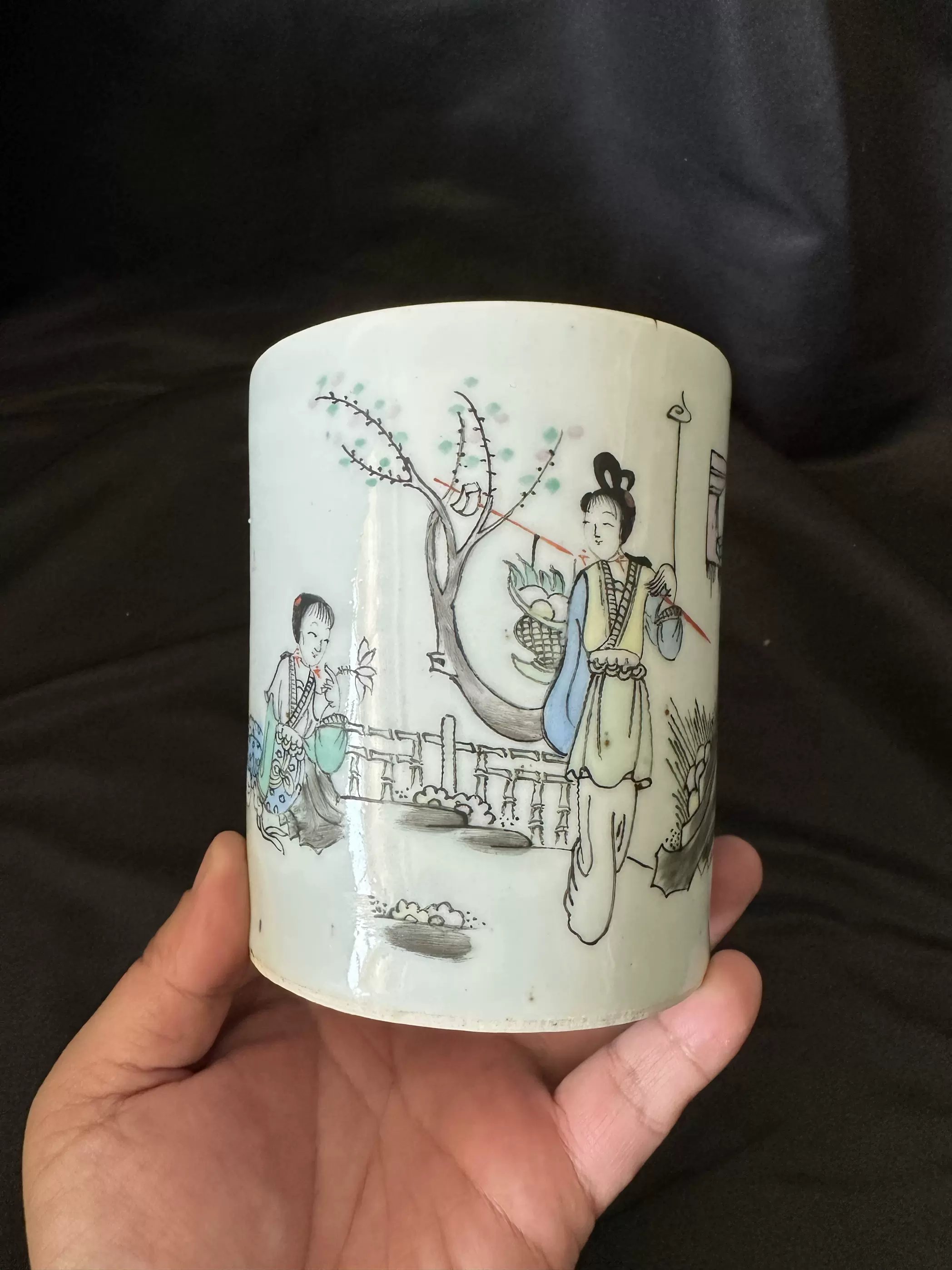 清代早期康熙开窗人物故事青花文房大笔筒古瓷器收藏