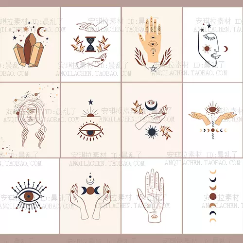 创意神秘线描月亮太阳魔术手势英文矢量装饰画画芯eps