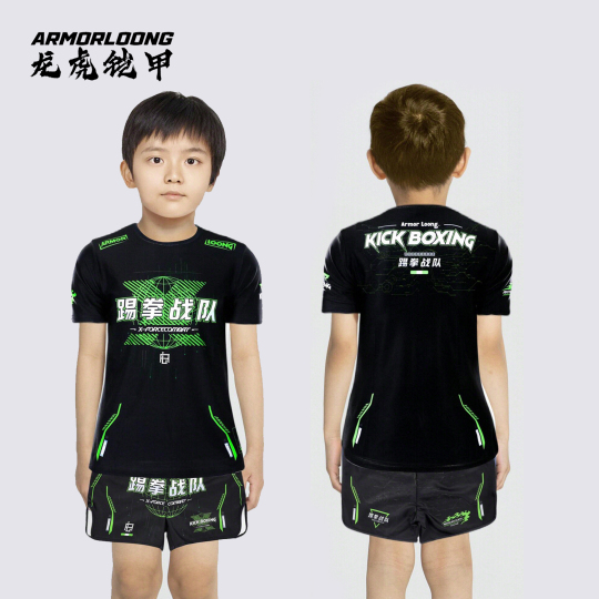 Miaeowve Wushu pak voor kinderen, jongens, fitness, sportkleding, set korte mouwen, bovendeel met Muay Thai kick boksshorts, sportkleding, vechtsport, vechtuitrusting, blauw, 122/128 cm