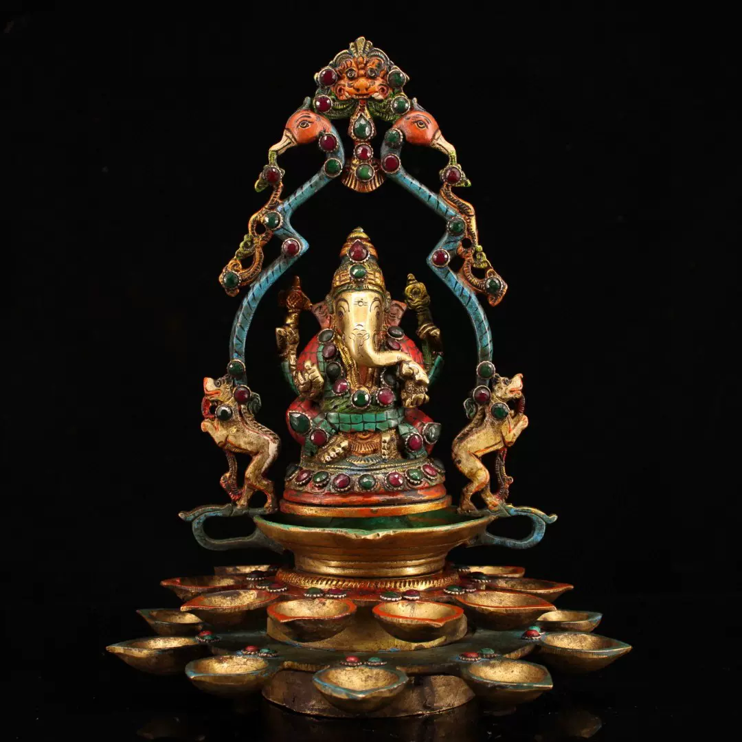 旧藏回流尼泊尔古寺院收老纯铜彩绘镶嵌宝石描金象鼻财神佛-Taobao