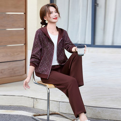 This Year's New Fashion Hooded Plaid Jacket Set for Middle-Aged and Elderly Women, Suitable for Spring and Autumn, Casual Morning Exercise Wear, Two-Piece Set