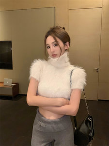 
White imitation mink turtleneck sweater for women in autumn and winter Korean slim short short-sleeved sweater underwear base top