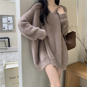 
2023 new mid-length sweater for women covering their butts in autumn and winter imitation mink soft glutinous lazy loose long-sleeved knitted sweater